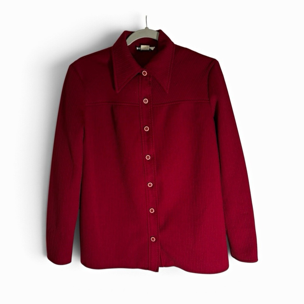 Vtg 70s Red Ribbed Knit Long Sleeve Dagger Collar Button Up Shirt Goblincore Med